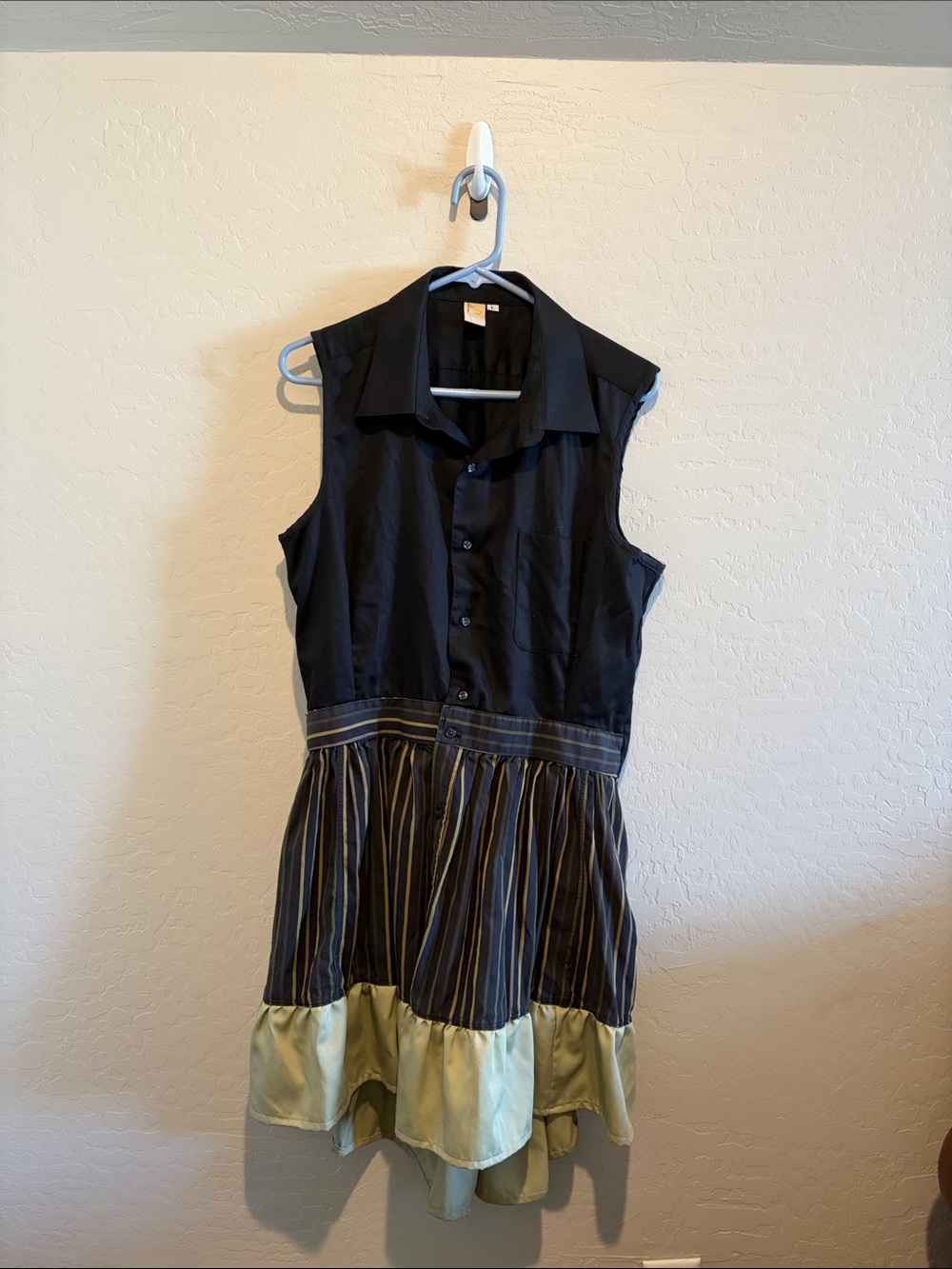 Sleeveless Black Tiered Stripe Dress with Olive Hem